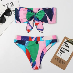 Bow Tie Front Flower Padded High Waist Two Piece Bikini Set