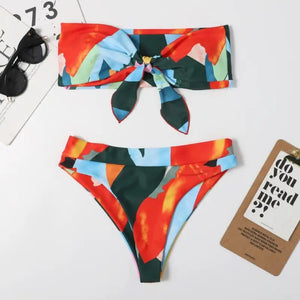 Bow Tie Front Flower Padded High Waist Two Piece Bikini Set
