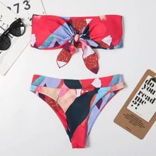 Load image into Gallery viewer, Bow Tie Front Flower Padded High Waist Two Piece Bikini Set