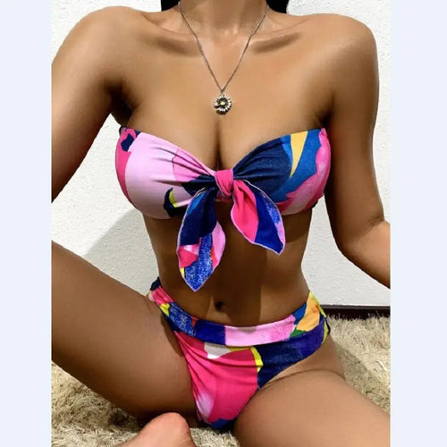 Bow Tie Front Flower Padded High Waist Two Piece Bikini Set