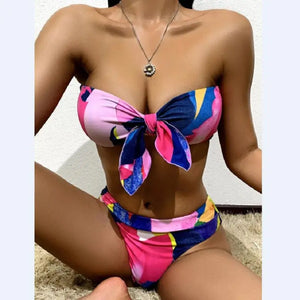 Bow Tie Front Flower Padded High Waist Two Piece Bikini Set