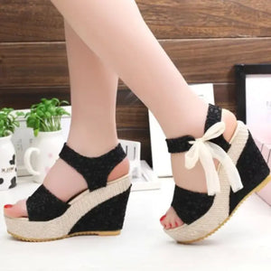 Bow Tie High Heeled Platform Shoes - black / 40