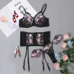 Bra & Panty Heart Embroidery Garter Lingerie Set - black