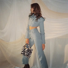 Load image into Gallery viewer, Breasted Cropped Top and High Rise Pants Set - grey / L