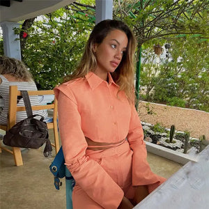 Breasted Cropped Top and High Rise Pants Set - two piece