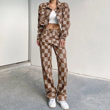 Load image into Gallery viewer, Brown Plaid Straight High Waist Jeans - pants