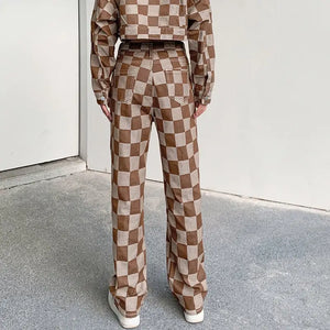 Brown Plaid Straight High Waist Jeans - pants