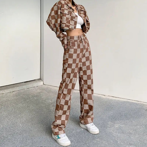 Brown Plaid Straight High Waist Jeans - pants