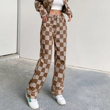 Load image into Gallery viewer, Brown Plaid Straight High Waist Jeans - pants