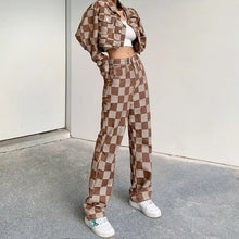 Load image into Gallery viewer, Brown Plaid Straight High Waist Jeans - pants