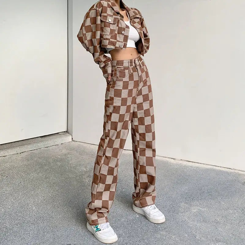 Brown Plaid Straight High Waist Jeans - S - pants