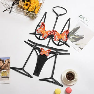 Butterfly EmbroideryLace See Through Lingerie Set - Yellow