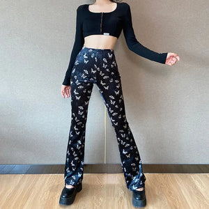 Butterfly Print Velvet High Waist Pants - pants