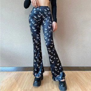 Butterfly Print Velvet High Waist Pants - pants
