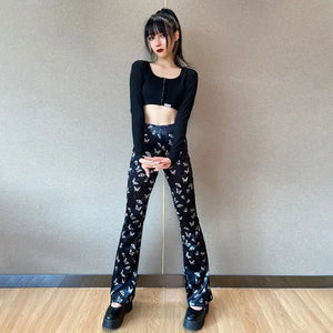 Butterfly Print Velvet High Waist Pants - pants