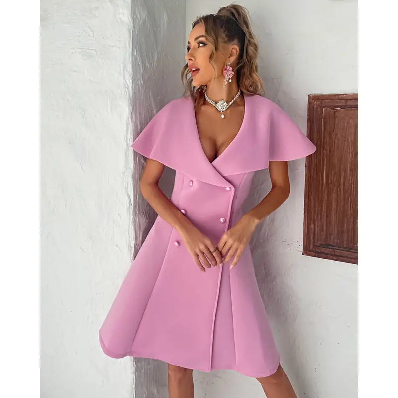 Button Décor Cloak Sleeve Swing Dress - pink / S - dress