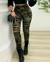 Load image into Gallery viewer, Camouflage Print Fringe Hem Cutout Jeans - Amry Green / L