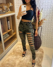 Load image into Gallery viewer, Camouflage Print Fringe Hem Cutout Jeans - pants
