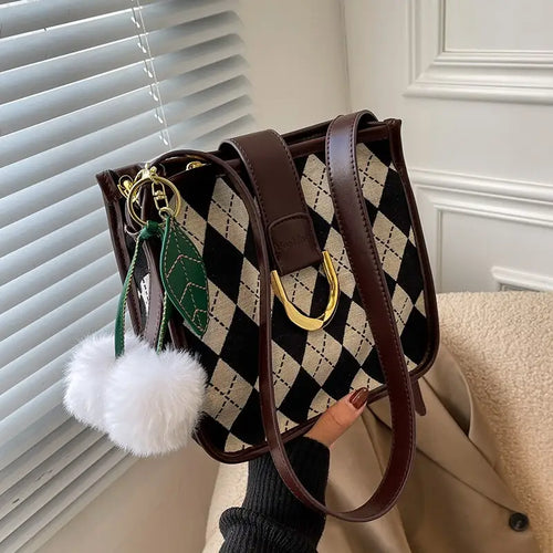 Canvas Bucket Crossbody Bag with Hairball Pendant - Jewelry