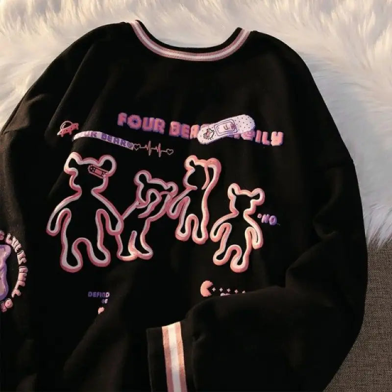 Cartoon Bear College Style Round Neck Sweatshirt - Black / M
