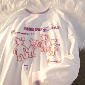 Cartoon Bear College Style Round Neck Sweatshirt - White