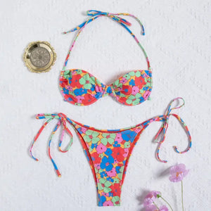 Cartoon Floral Print Brazilian Bikini Set - Swimsuit