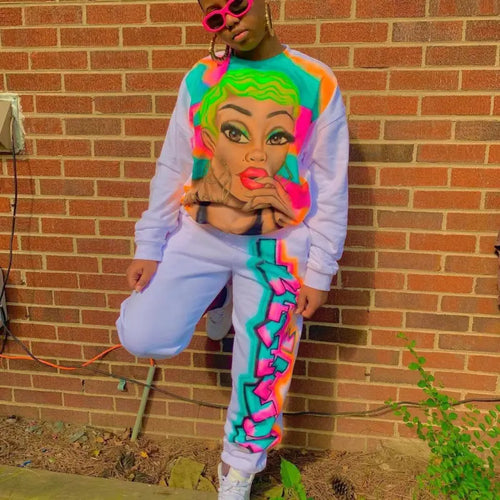 Cartoon Print Long Sleeve Sweatshirt & Sweatpants Sweatsuit