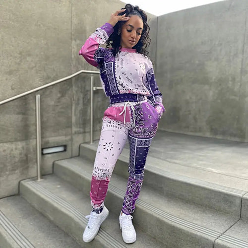 Cashew Print Drawstring Pants Set - Purple / XXL - two piece