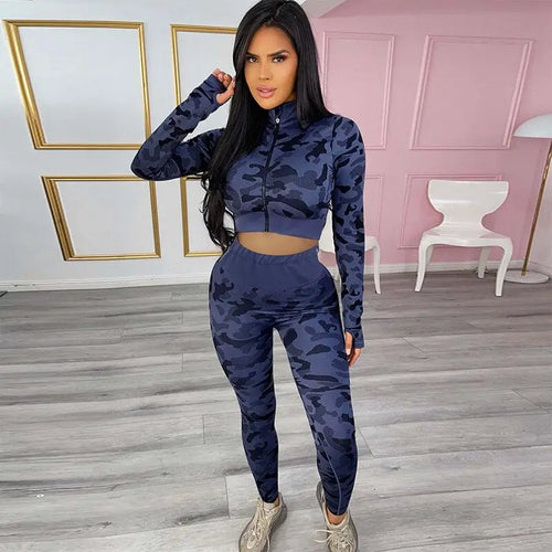 Casual Camo Zip Jacket Top and Leggings Set - Blue / S