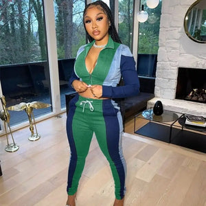 Casual Jacket Top and Pant Sports Suit Set - green / L