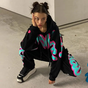 Casual Printed Hoodie Top & Tracksuit Set - two piece