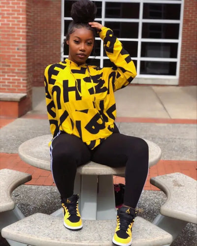 Casual Yellow Letter Print Hoodie - two piece