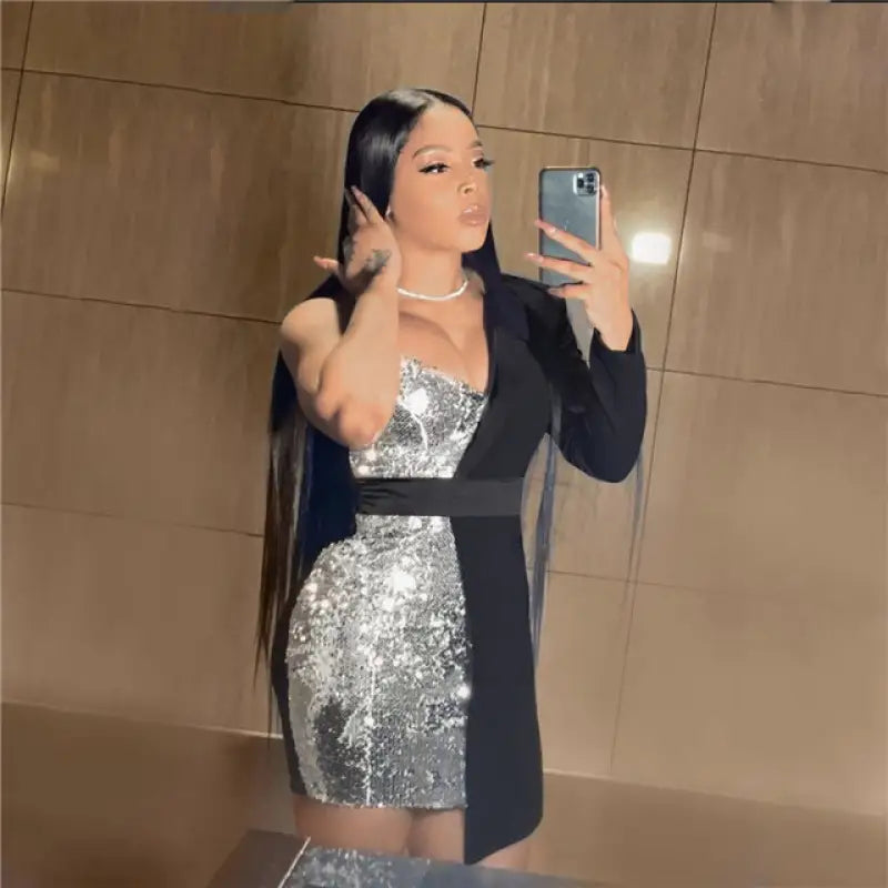 Catch A Vibe Sequin Mini Dress - black / S - dress