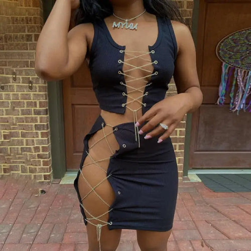 Chain Lace Up Hollow Out Mini Skirt and Crop Top - black