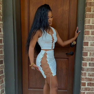 Chain Lace Up Hollow Out Mini Skirt and Crop Top - two piece