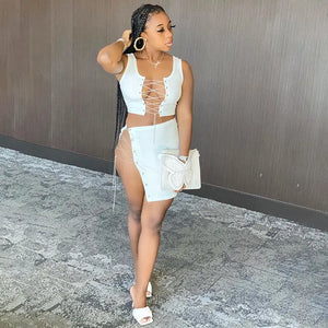 Chain Lace Up Hollow Out Mini Skirt and Crop Top - two piece