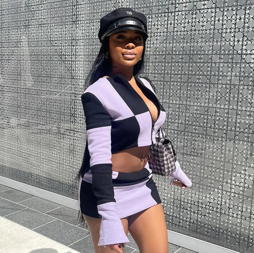 Checkered Zip Up Top and Skirt - two piece