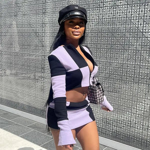 Checkered Zip Up Top and Skirt - two piece