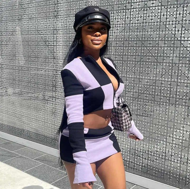 Checkered Zip Up Top and Skirt - two piece