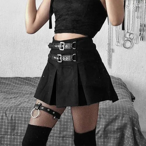Patchwork Black Gothic High Waist Pleated Skirt - skirt