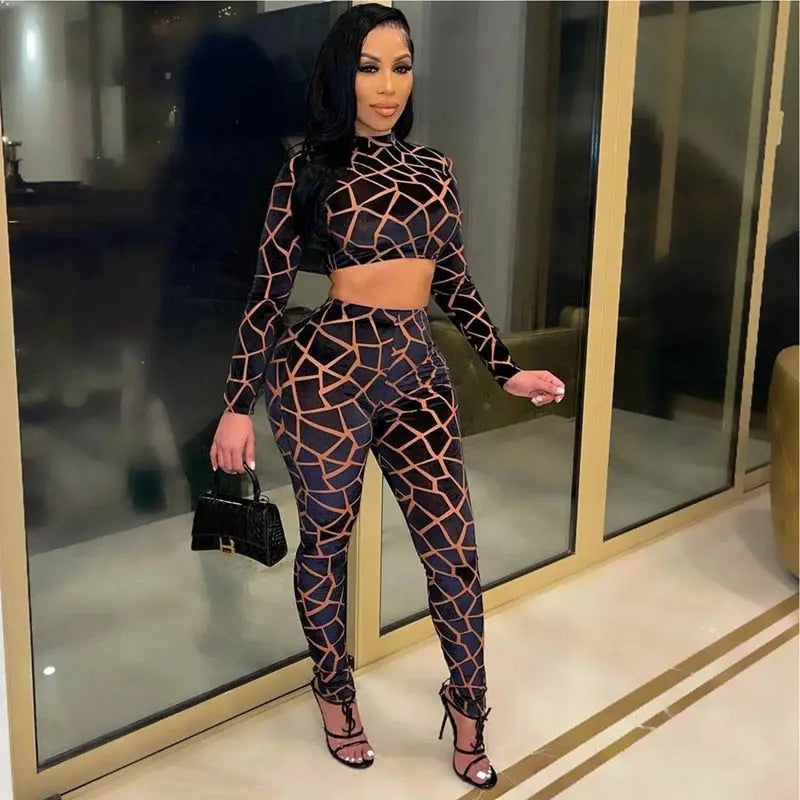 Clubwear Long Sleeve Crop Top and Pant Suit - two piece