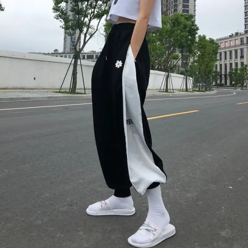 Color Contrast Loose High Waist Drawstring Trousers - black