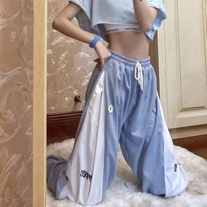 Color Contrast Loose High Waist Drawstring Trousers - pants