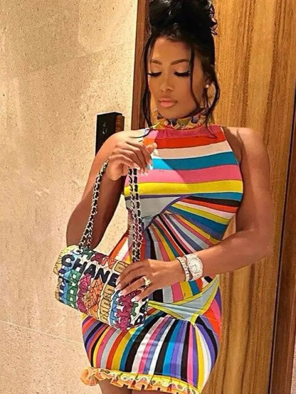 Color Print Patchwork Bodycon Mini Dresses - M / Red - dress