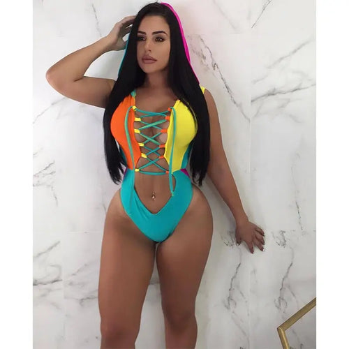 Colorblock One Piece Lace Up Swimsuit