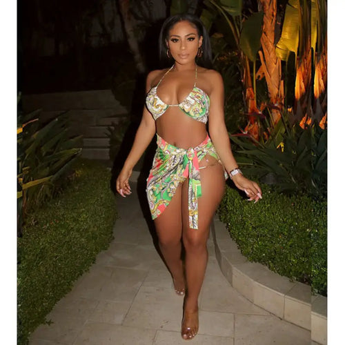 Colorful 3 Piece Low Waist Bikini Set - green / M - Swimsuit