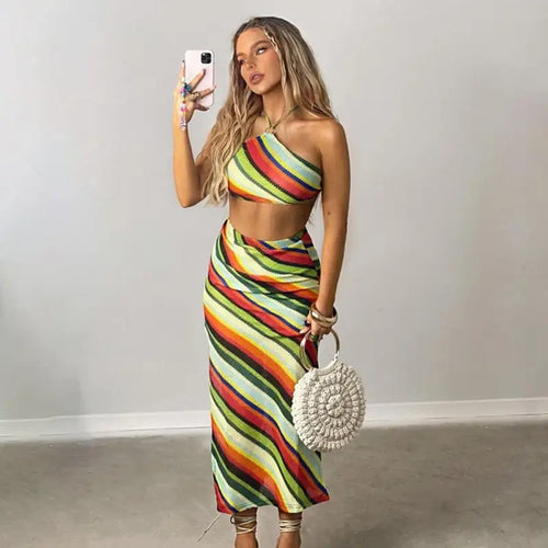 Colorful Patchwork Y2K Knitted Two Piece Set - two piece
