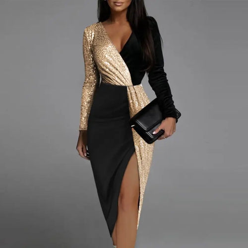 Contrast Sequin Split Thigh Velvet Party Dress - dress