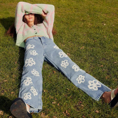 Cotton High Waist Long Tunic Floral Pattern Jeans - pants