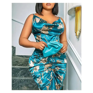 Cowl Neck Satin Ruched Floral Print Dress - dress
